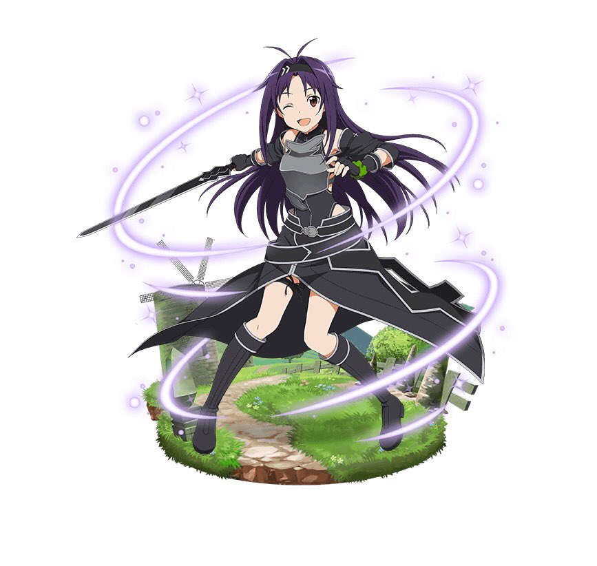 1girl ;d adapted_costume antenna_hair black_footwear black_gloves black_skirt boots breastplate brown_eyes cosplay detached_sleeves fingerless_gloves floating_hair full_body gloves headband holding holding_sword holding_weapon kirito kirito_(cosplay) knee_boots long_hair looking_at_viewer one_eye_closed open_mouth purple_hair simple_background skirt smile solo sword sword_art_online thigh_strap very_long_hair weapon white_background yuuki_(sao)
