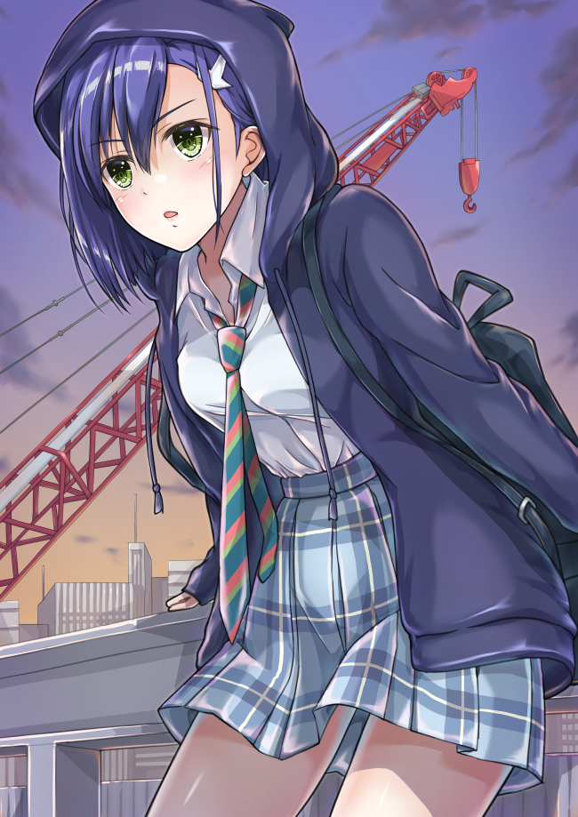 1girl blue_hair breasts building chestnut_mouth commentary_request crane darling_in_the_franxx green_eyes hair_ornament hairclip hood hood_up hooded_jacket hoshimaemi ichigo_(darling_in_the_franxx) jacket leaning_forward machinery medium_breasts necktie plaid plaid_skirt school_uniform short_hair skirt solo twilight