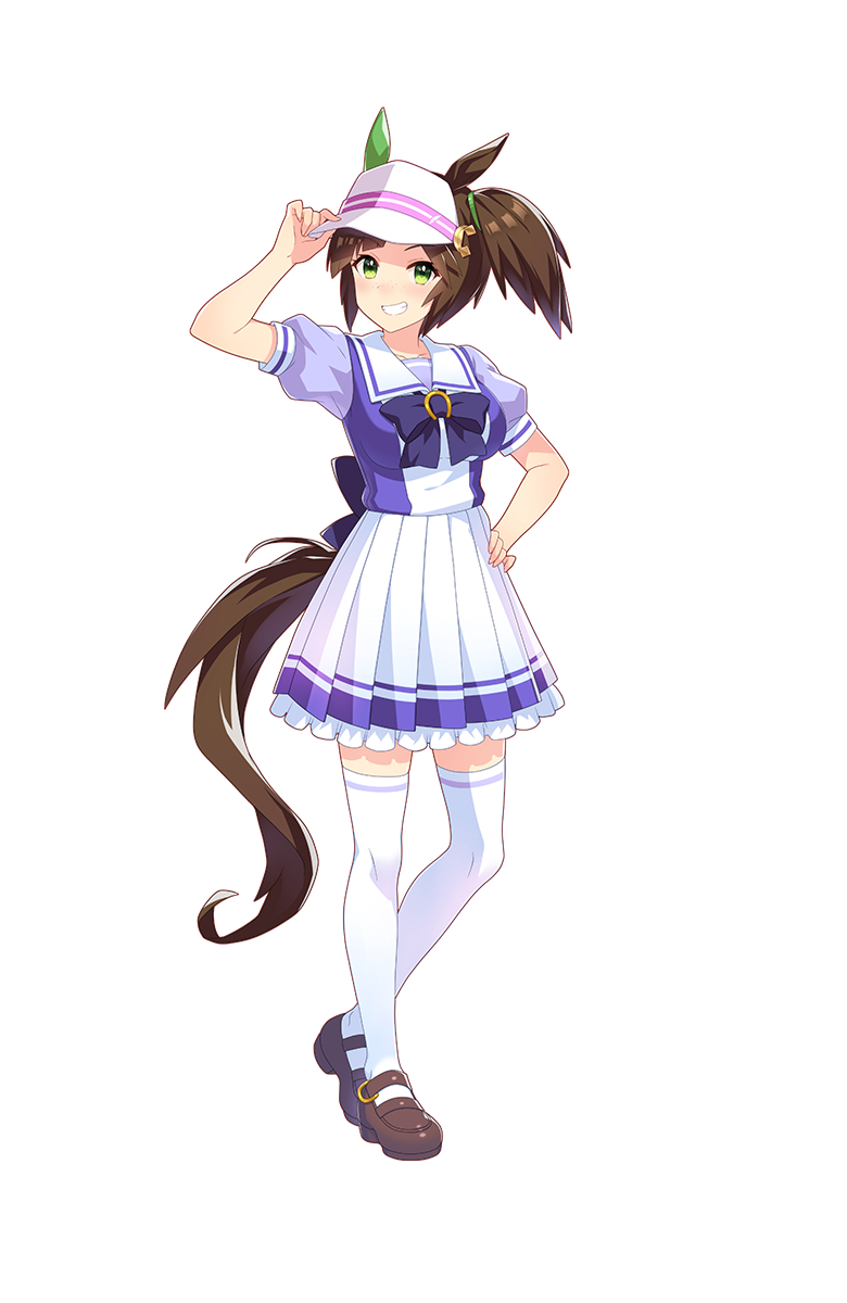 1girl animal_ears brown_hair full_body green_eyes grin highres horse_ears horse_tail ines_fujin looking_at_viewer official_art single_ear_cover smile solo tail thigh-highs transparent_background umamusume visor_cap zettai_ryouiki