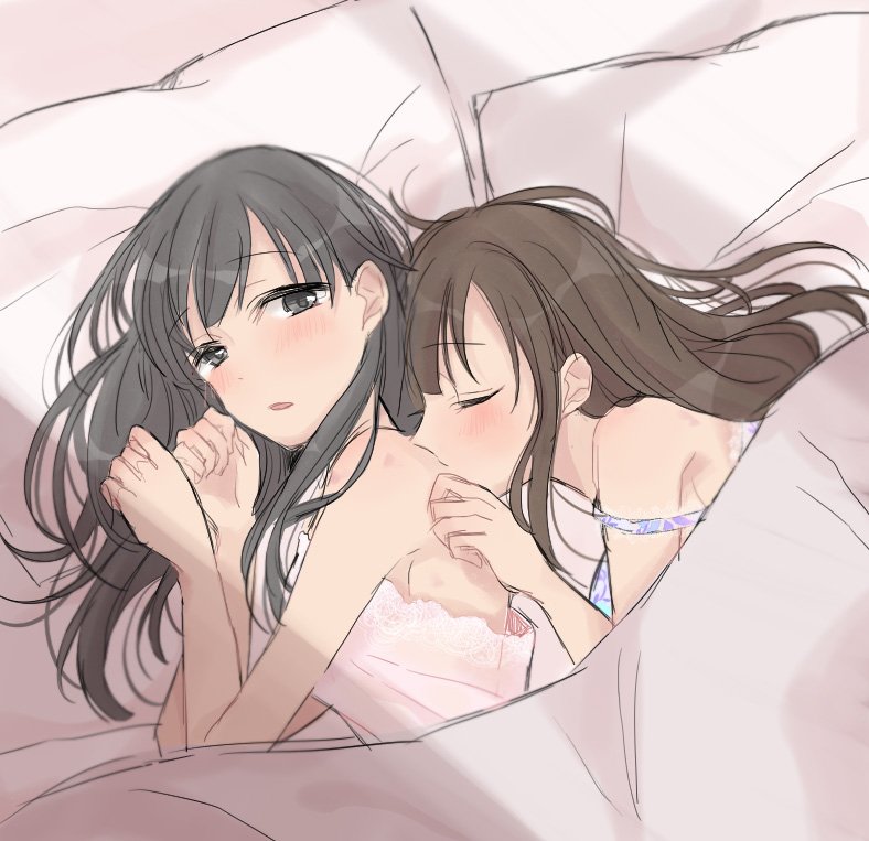 2girls armpits azuko_(ampenm) bangs bed bed_sheet black_eyes black_hair blush brown_hair camisole closed_eyes eyebrows_visible_through_hair grey_eyes idolmaster idolmaster_cinderella_girls kiss kobayakawa_sae long_hair lying messy_hair mizumoto_yukari multiple_girls on_bed on_side shoulder_kiss spaghetti_strap strap strap_slip yuri