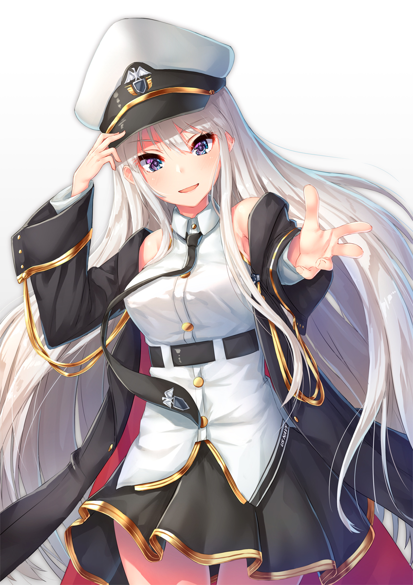 1girl azur_lane bangs bare_shoulders belt black_neckwear blush breasts buttons clothes_writing collared_shirt cowboy_shot enterprise_(azur_lane) eyebrows_visible_through_hair floating_hair grey_background hair_between_eyes hand_on_headwear hat highres large_breasts long_hair looking_at_viewer miniskirt necktie open_mouth peaked_cap pensuke reaching_out shirt sidelocks silver_hair simple_background skirt sleeveless sleeveless_shirt smile solo thigh-highs very_long_hair violet_eyes white_shirt wind wind_lift