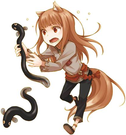 1girl animal_ears anklet ayakura_juu black_pants brown_footwear brown_hair eyebrows_visible_through_hair fish floating_hair full_body grey_shirt holo jewelry long_hair lowres novel_illustration official_art one_leg_raised open_mouth pants red_eyes shirt shoes simple_background solo spice_and_wolf tail white_background wolf_ears wolf_tail