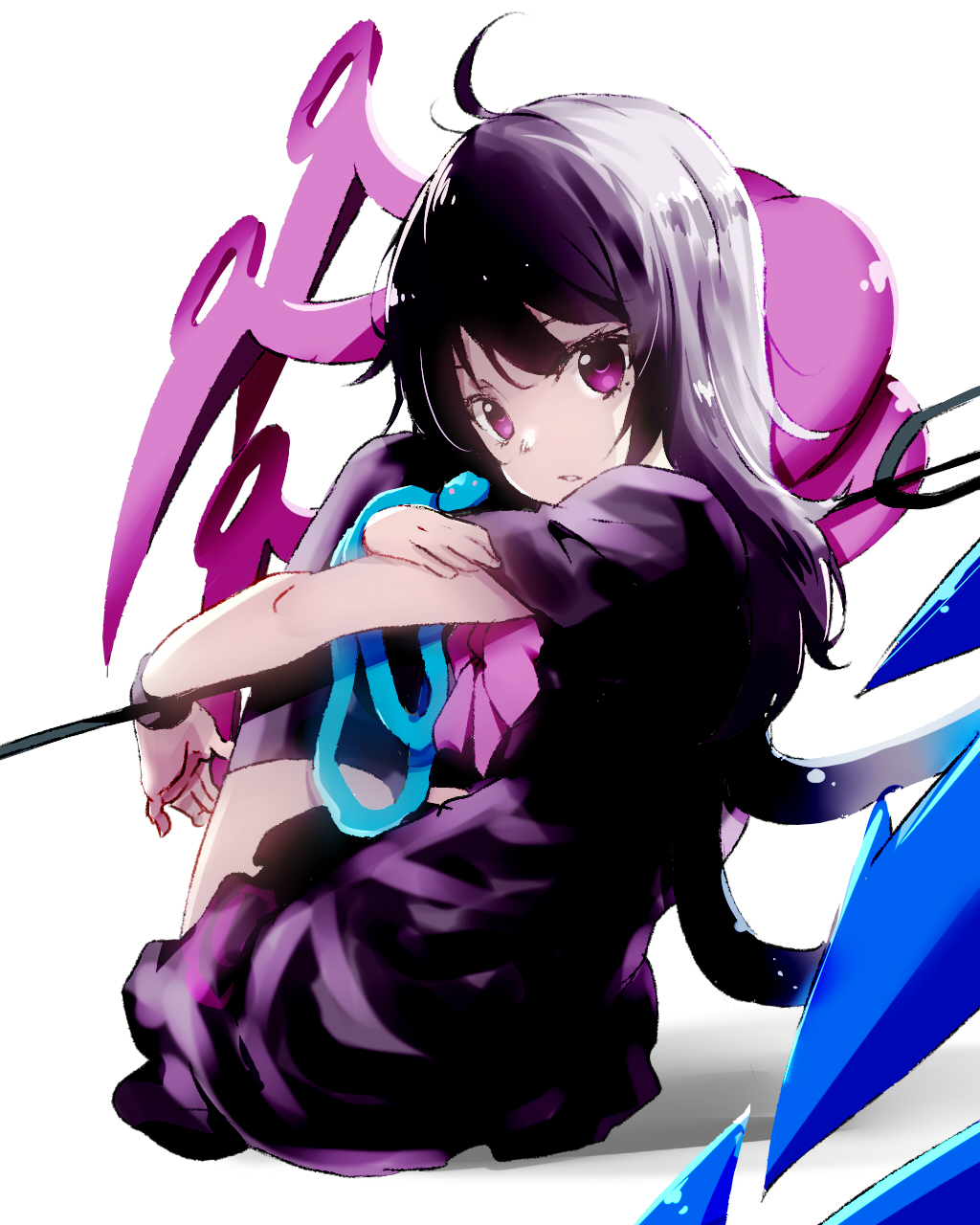 1girl ahoge asymmetrical_wings black_dress black_hair black_legwear bow commentary dress highres hijiri-tukasa holding holding_weapon houjuu_nue long_hair looking_at_viewer parted_lips polearm short_sleeves sitting snake solo thigh-highs touhou trident violet_eyes weapon white_background wings wristband