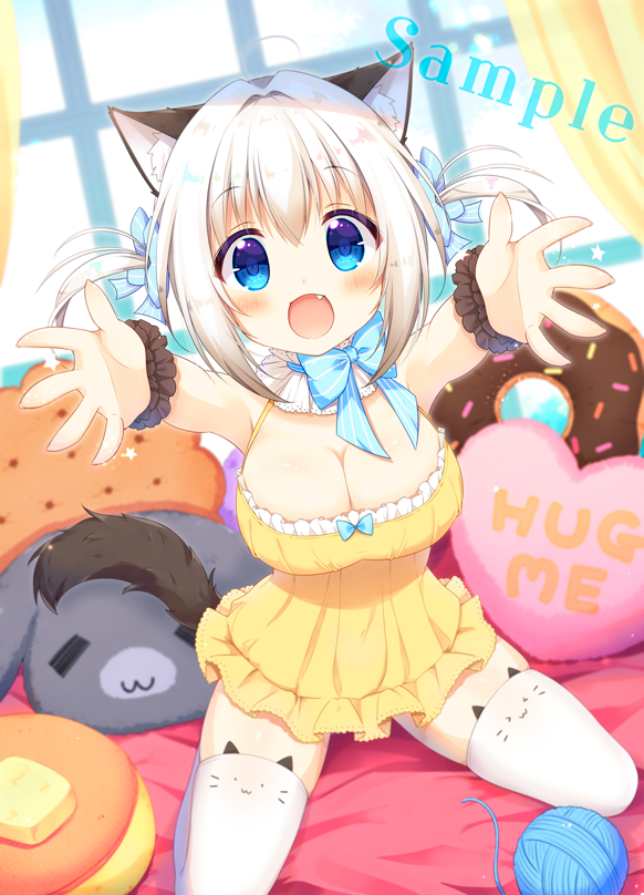 1girl :d animal_band_legwear animal_ears aoi_yun bare_shoulders black_scrunchie blue_bow blue_eyes blue_sky blush bow breasts cat_band_legwear cat_ears cleavage curtains day dress dutch_angle fang hair_bow heart heart_pillow indoors kneeling large_breasts open_mouth original outstretched_arms pillow sample scrunchie sidelocks silver_hair sky sleeveless sleeveless_dress smile solo striped striped_bow thigh-highs two_side_up white_legwear window wrist_scrunchie yarn yarn_ball yellow_dress