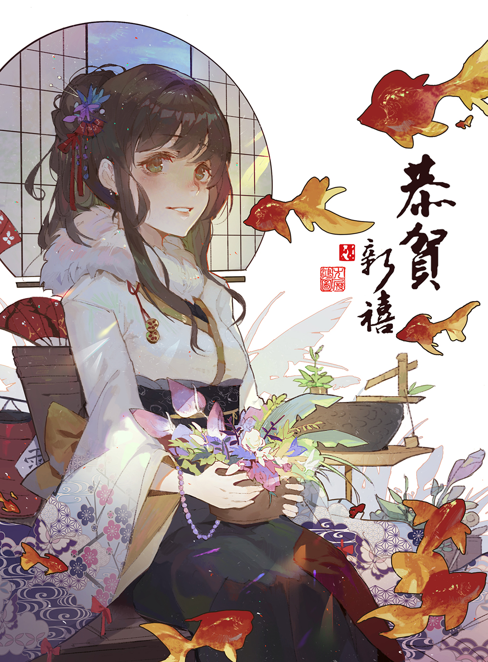 1girl 2018 animal bangs black_skirt blue_flower blue_sky bow bracelet brown_hair commentary_request eyebrows_visible_through_hair fan fish floral_print flower folding_fan fur_collar goldfish green_eyes hair_bun hair_flower hair_ornament happy_new_year highres holding japanese_clothes jewelry kimono kuroduki_(pieat) lantern long_hair long_sleeves looking_at_viewer new_year obi original paper_lantern parted_lips pearl_bracelet pink_flower print_kimono purple_flower round_window sash short_kimono sidelocks skirt sky solo translated white_background white_flower white_kimono wide_sleeves yellow_bow