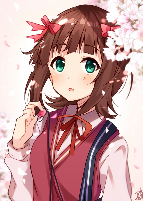 1girl :o amami_haruka bangs blunt_bangs blush bow brown_hair cable cherry_blossoms collared_shirt earphones earphones eyebrows_visible_through_hair flower green_eyes hair_bow hair_ribbon holding holding_earphone idolmaster idolmaster_(classic) long_sleeves neck_ribbon omuretsu open_mouth parted_lips petals pink_flower red_bow red_neckwear red_ribbon red_vest ribbon school_uniform shirt short_hair sidelocks signature solo spring_(season) sweater_vest upper_body vest white_shirt wing_collar