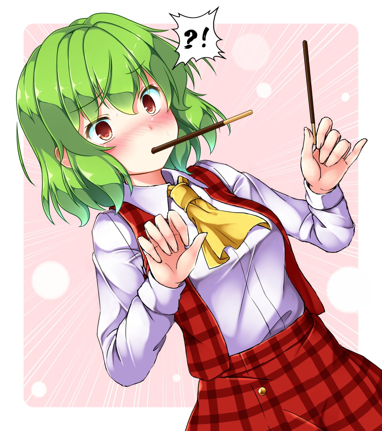 !? 1girl aka_tawashi ascot blush breasts commentary_request dutch_angle eyebrows_visible_through_hair food food_in_mouth green_hair hands_up highres holding_pocky kazami_yuuka medium_breasts nose_blush pink_background plaid plaid_skirt plaid_vest pocky red_eyes red_skirt red_vest shirt short_hair simple_background skirt solo touhou upper_body vest white_border white_shirt yellow_neckwear