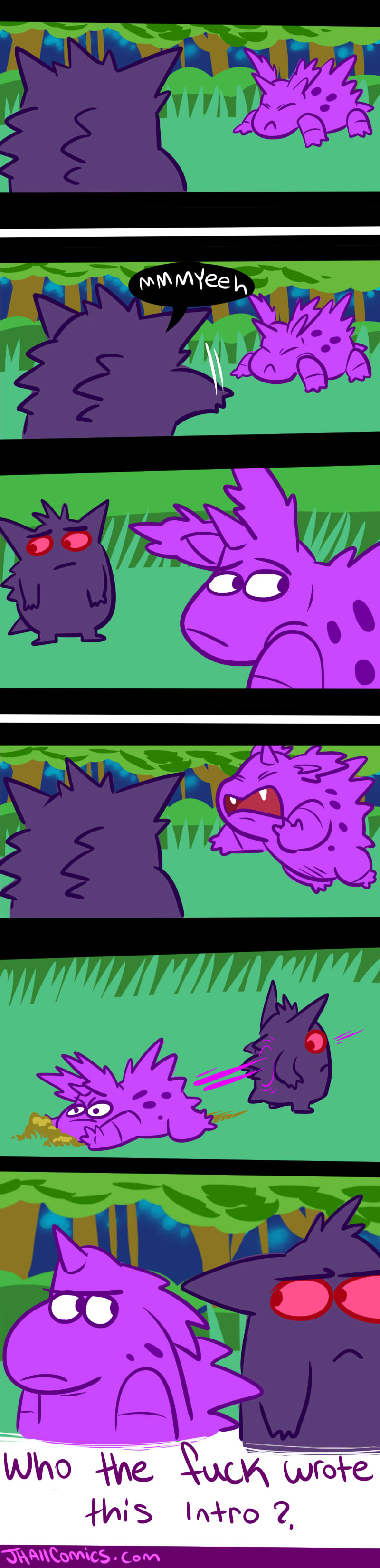 absurdres comic commentary creature english eye_contact failure falling fangs fighting gen_1_pokemon gengar ghost grass highres jhall jumping long_image looking_at_another looking_away motion_lines nidorino no_humans outdoors parody pokemon pokemon_(creature) pokemon_(game) pokemon_rgby red_eyes speech_bubble standing tall_image tree violet_eyes watermark web_address