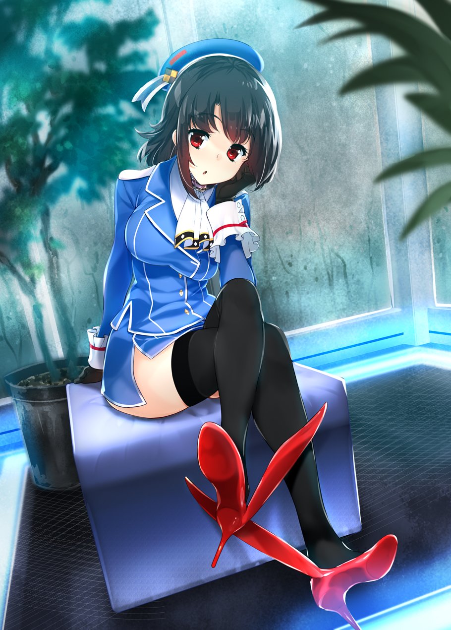 1girl amami_amayu beret black_gloves black_hair black_legwear blue_hat blue_jacket blue_skirt blush breasts epaulettes eyebrows_visible_through_hair gloves hat highres indoors jacket kantai_collection legs_crossed long_sleeves looking_at_viewer medium_breasts parted_lips plant potted_plant rain red_eyes red_footwear rudder_shoes short_hair sitting skirt solo takao_(kantai_collection) thigh-highs tree window