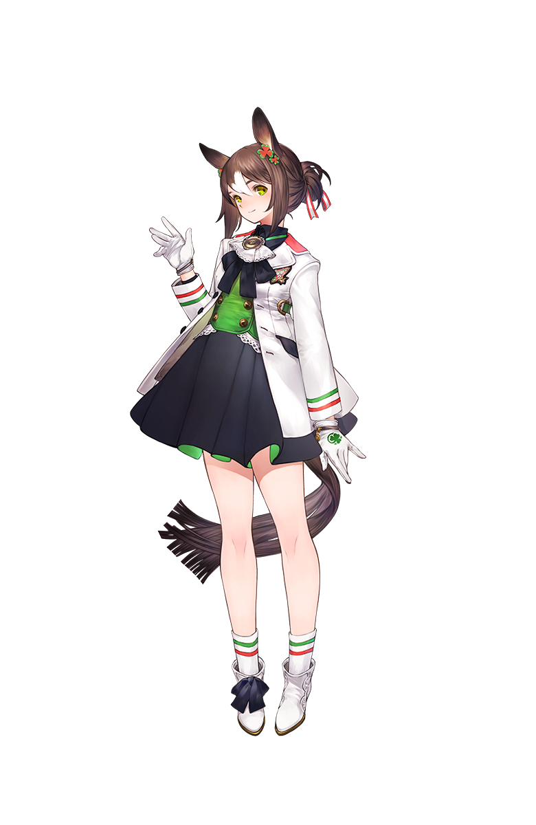 1girl :d animal_ears black_skirt boot_bow boots brown_hair clover_print fine_motion full_body gloves green_eyes hair_between_eyes hair_bun hair_ribbon highres horse_ears horse_tail jacket multicolored_hair official_art open_mouth ribbon sidelocks skirt smile solo tail transparent_background two-tone_hair umamusume waving white_gloves white_hair white_jacket whote_boots