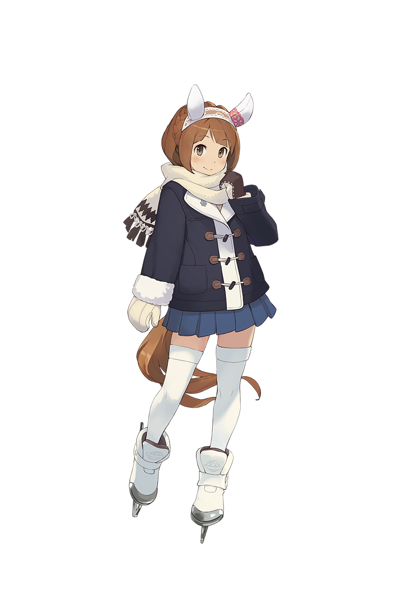 1girl animal_ears bangs blush bob_cut braid brown_eyes brown_hair french_braid full_body hairband highres horse_ears horse_tail ice_skates mittens official_art skates smile solo swept_bangs tail thigh-highs transparent_background umamusume white_footwear white_legwear white_mittens yukino_bijin zettai_ryouiki