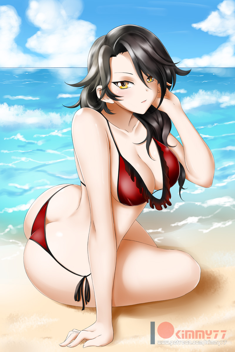 1girl alfred_cullado arm_support ass bare_shoulders beach bikini black_hair blue_sky blush breasts cinder_fall cleavage clouds collarbone day hair_over_one_eye highres large_breasts long_hair looking_at_viewer ocean outdoors parted_lips red_bikini rwby sand shiny shiny_skin side-tie_bikini sitting sky smile solo swimsuit twisted_torso water yellow_eyes