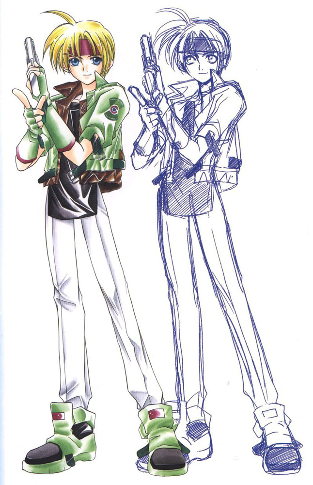 1boy ahoge azuma_mayumi black_shirt blonde_hair blue_eyes claude_kenni closed_mouth fingerless_gloves full_body gloves green_footwear green_gloves green_jacket gun headband holding holding_gun holding_weapon jacket looking_at_viewer male_focus pants popped_collar red_headband scan shirt shoes sketch smile solo standing star_ocean star_ocean_the_second_story weapon white_pants