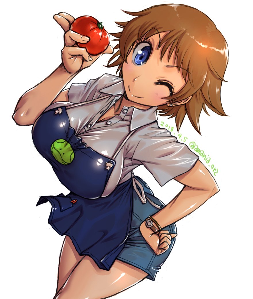 1girl ;) amania_orz apron blue_eyes bracelet breasts brown_hair cleavage collared_shirt dated earrings gundam gundam_build_divers hand_on_hip haro impossible_clothes impossible_shirt jewelry large_breasts looking_at_viewer nanase_nanami_(gundam_build_divers) one_eye_closed shiny shiny_hair shirt short_hair short_sleeves simple_background smile solo tomato twitter_username unbuttoned unbuttoned_shirt watch watch white_background white_shirt