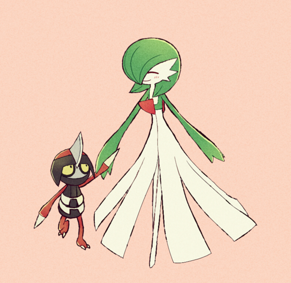 claws closed_mouth creature full_body gardevoir gen_3_pokemon gen_5_pokemon looking_at_another looking_up no_humans pawniard pokemon_(creature) shiwo_(siwosi) simple_background smile walking