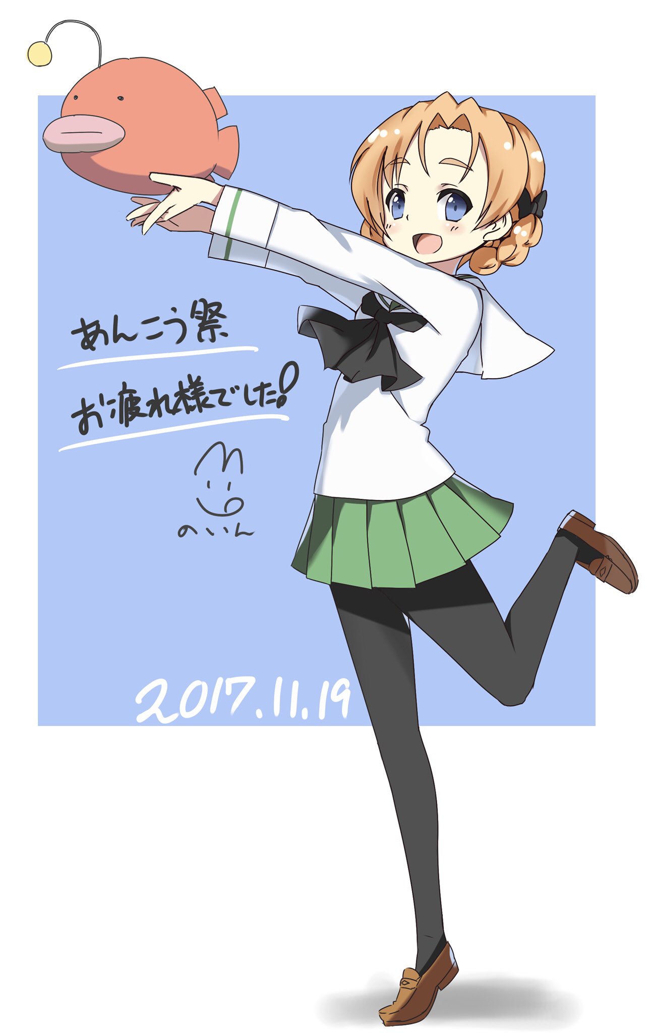 1girl :d anglerfish artist_name bangs black_bow black_legwear black_neckwear blouse blue_background blue_eyes bow braid brown_footwear commentary_request dated eyebrows_visible_through_hair from_side full_body girls_und_panzer green_skirt hair_bow highres holding leg_up loafers long_sleeves looking_at_viewer miniskirt neckerchief ooarai_school_uniform open_mouth orange_hair orange_pekoe outside_border parted_bangs pleated_skirt school_uniform serafuku shoes short_hair signature skirt smile solo standing standing_on_one_leg tied_hair toon_(noin) translation_request twin_braids white_blouse