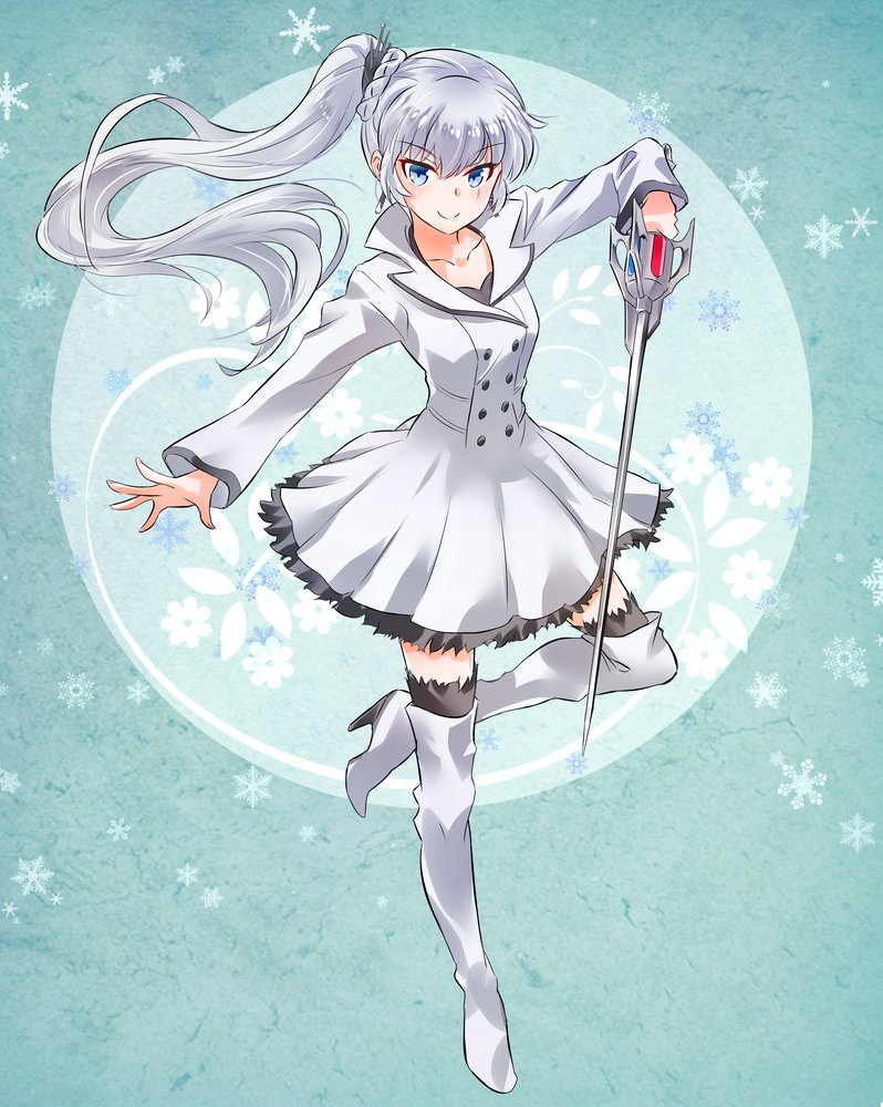 1girl blue_eyes boots dress high_heel_boots high_heels iesupa long_hair long_sleeves ponytail rapier rwby scar scar_across_eye side_ponytail smile snowflake_print solo standing standing_on_one_leg sword thigh-highs thigh_boots thighhighs_under_boots weapon weiss_schnee white_dress white_footwear white_hair zettai_ryouiki