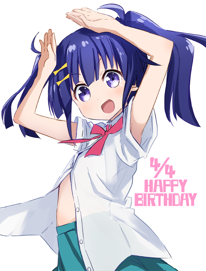 1girl :d abe_kanari armpit_peek arms_up bangs blue_hair blush bow dated eyebrows_visible_through_hair green_skirt hair_bow happy_birthday kusanagi_yuma looking_at_viewer open_mouth partially_unbuttoned pleated_skirt shirt short_sleeves simple_background skirt smile solo soushin_shoujo_matoi twintails violet_eyes white_background white_shirt yellow_bow