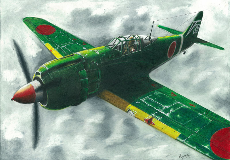 artist_name clouds colored_pencil_(medium) flying hayashi_ryouta imperial_japanese_army ki-100 looking_to_the_side mast original pilot piloting propeller roundel solo traditional_media wheel