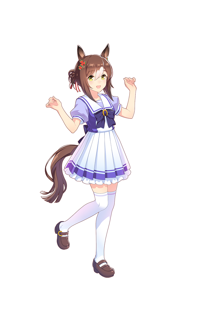 1girl :d animal_ears brown_hair fine_motion full_body green_eyes hair_between_eyes hair_bun hair_ribbon highres horse_ears horse_tail multicolored_hair official_art open_mouth ribbon sidelocks smile solo tail transparent_background two-tone_hair umamusume white_hair