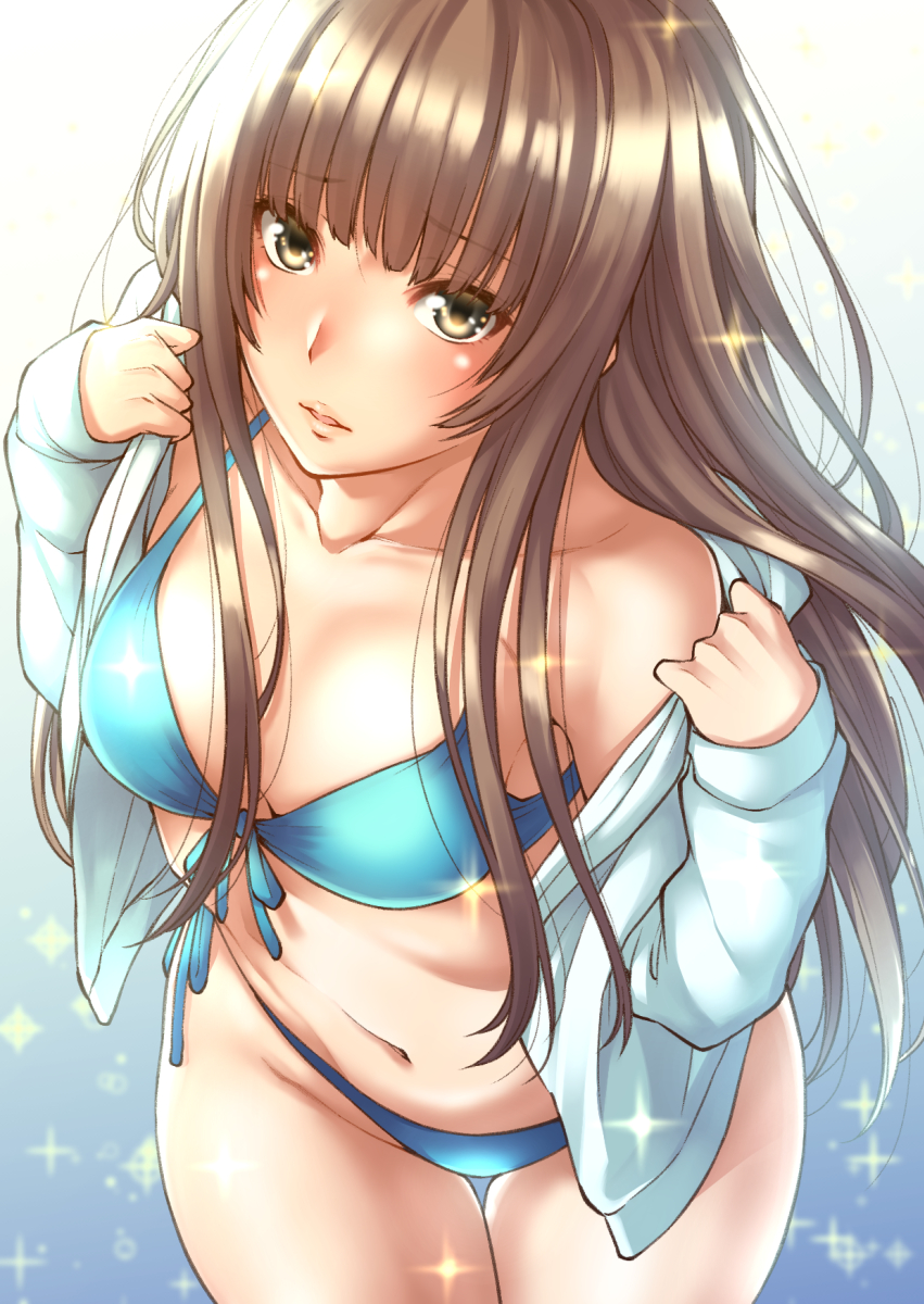 1girl amagami bikini blue_bikini breasts brown_eyes brown_hair collarbone highres jacket kamizaki_risa long_hair looking_at_viewer navel parted_lips shouji_nigou solo swimsuit