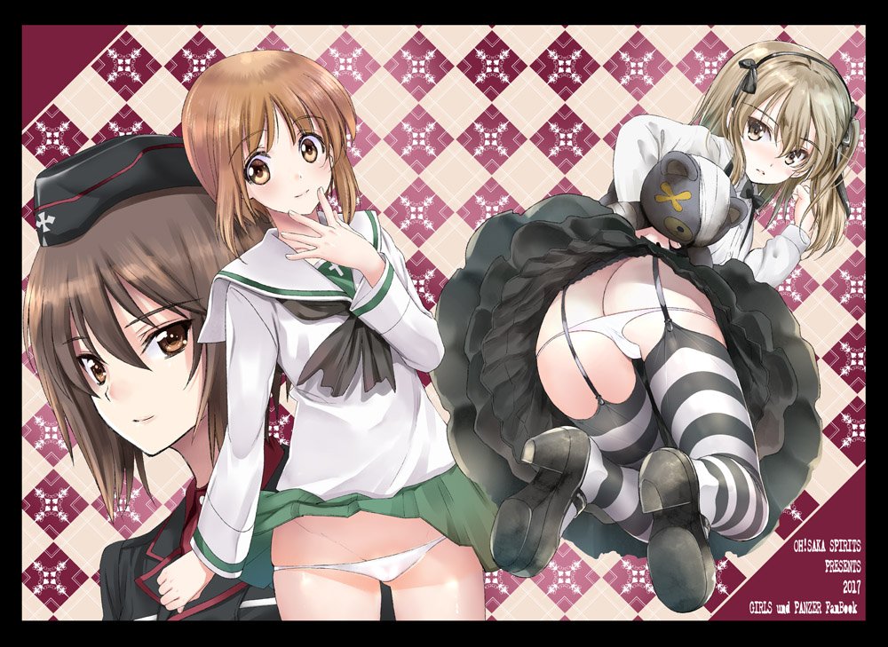 3girls ass bandage bangs black_border black_footwear black_hat black_jacket black_legwear black_neckwear black_skirt blouse boko_(girls_und_panzer) border bow bowtie brown_eyes brown_hair butt_crack casual closed_mouth collared_shirt copyright_name dress_shirt english eyebrows_visible_through_hair fanbook garrison_cap garter_straps girls_und_panzer green_skirt hat high-waist_skirt high_heels holding holding_stuffed_animal jacket kuromorimine_military_uniform layered_skirt light_brown_hair long_hair long_sleeves looking_at_viewer looking_back lowleg lowleg_panties mary_janes medium_skirt military military_hat military_uniform miniskirt multiple_girls neckerchief nishizumi_maho nishizumi_miho ooarai_school_uniform panties parted_lips pleated_skirt red_shirt school_uniform serafuku shimada_arisu shirt shoes short_hair siblings side_ponytail sisters skirt smile standing striped striped_legwear stuffed_animal stuffed_toy suspender_skirt suspenders teddy_bear thigh-highs ugeppa underwear uniform white_blouse white_panties white_shirt