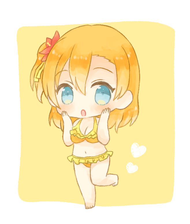 1girl :o bangs barefoot bikini blue_eyes blush breasts chibi cleavage cute flower frilled_bikini frills hair_flower hair_ornament hair_ribbon hands_on_own_cheeks hands_on_own_face heart kousaka_honoka looking_at_viewer love_live! love_live!_school_idol_project midriff navel one_side_up orange_bikini orange_hair red_flower ribbon simple_background solo standing standing_on_one_leg swimsuit white_border yellow_background yellow_ribbon