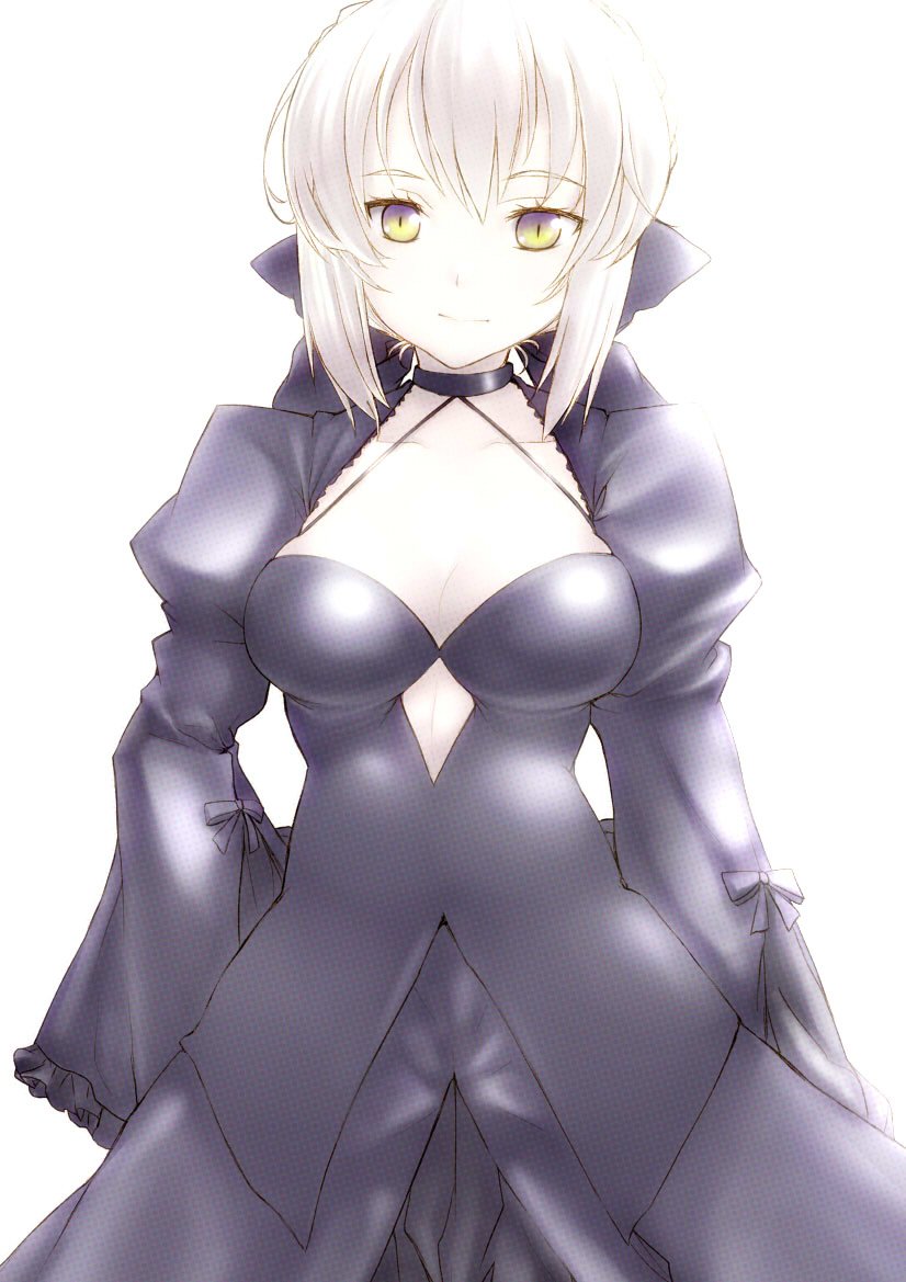 1girl artoria_pendragon_(all) bangs black_bow black_choker black_dress blonde_hair bow braid breasts choker cleavage cleavage_cutout closed_mouth commentary_request cowboy_shot dress eyebrows_visible_through_hair fate_(series) french_braid hair_bow hair_bun hand_on_hip light_smile long_dress long_sleeves looking_at_viewer medium_breasts puffy_sleeves saber_alter shiromitsu_suzaku short_hair simple_background slit_pupils solo standing white_background yellow_eyes