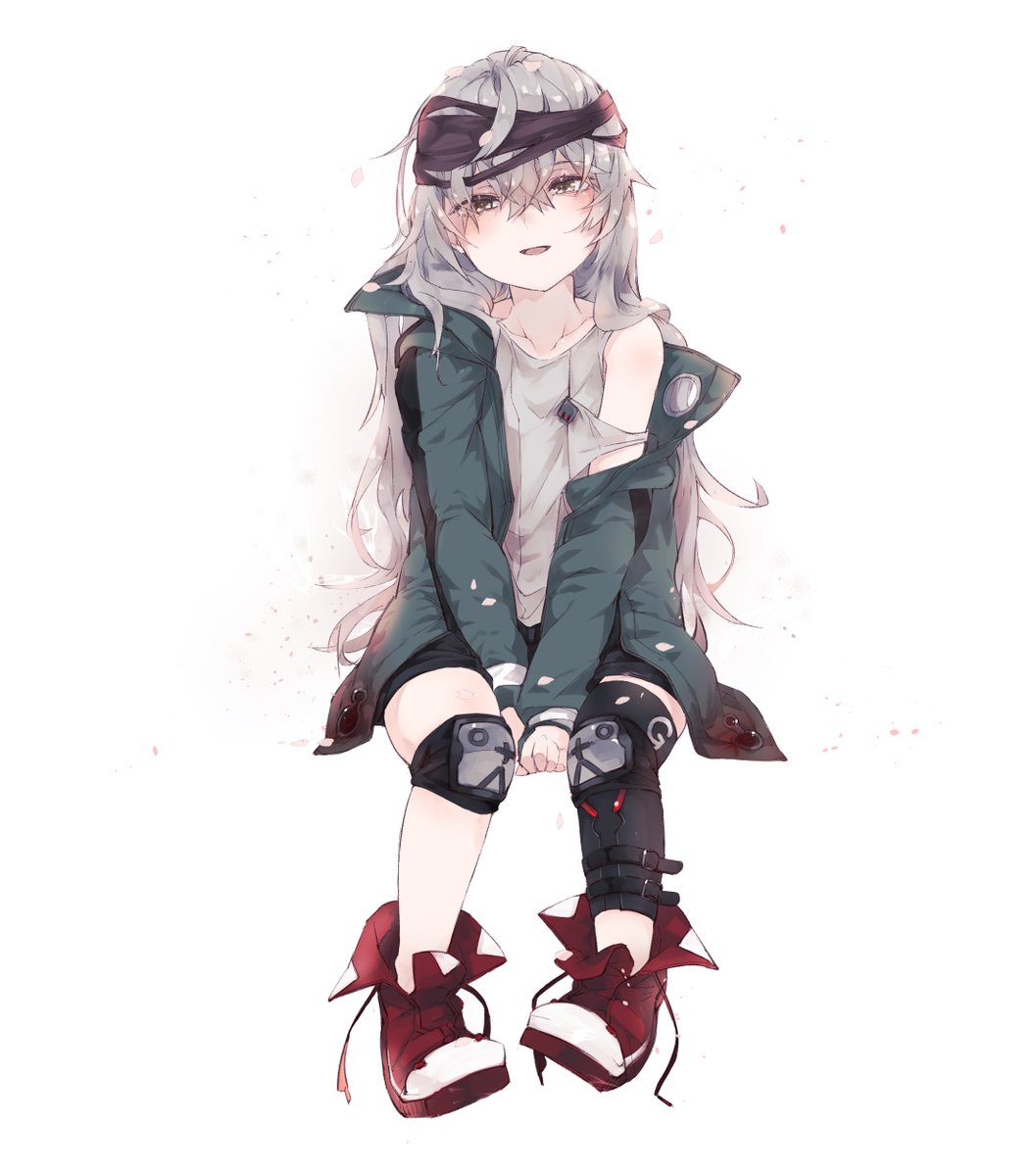 1girl ankle_boots bangs between_legs blush boots brown_eyes coat collarbone eyebrows_visible_through_hair g11_(girls_frontline) girls_frontline green_coat hair_between_eyes hand_between_legs hat highres image_sample ki_lllorz knee_pads leg_strap legs long_hair looking_at_viewer messy_hair open_clothes open_coat open_mouth petals scarf scarf_on_head shirt shorts shoulder_cutout sidelocks silver_hair simple_background sitting smile solo thigh-highs twitter_sample very_long_hair white_background white_shirt