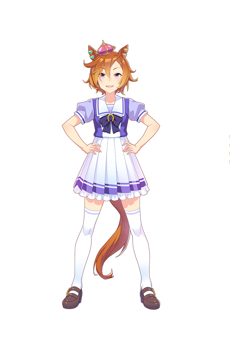 1girl animal_ears full_body hands_on_hips highres horse_ears horse_tail official_art short_hair solo t_m_opera_o tail transparent_background umamusume violet_eyes