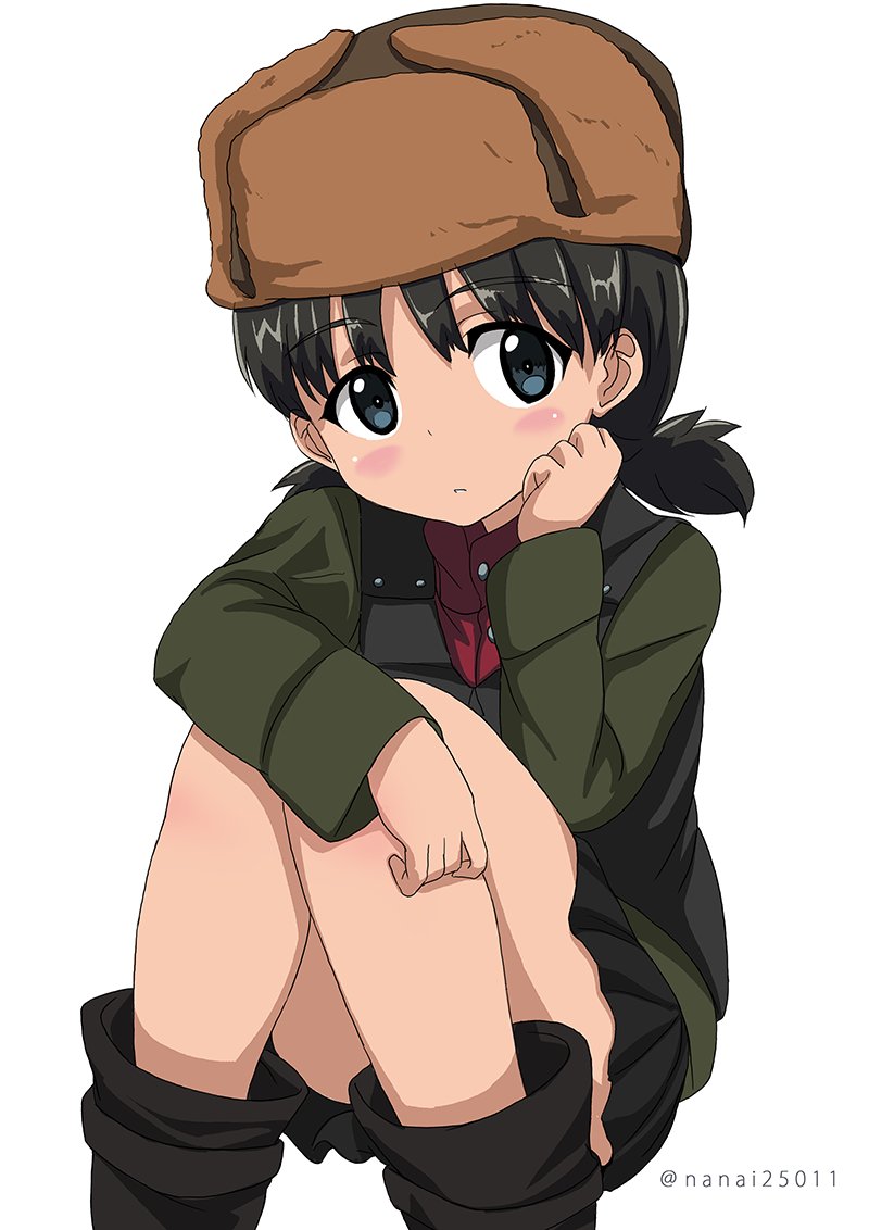 1girl bangs black_footwear black_skirt black_vest blue_eyes blush boots brown_hair brown_hat clenched_hand commentary dark_skin fur_hat girls_und_panzer green_jacket hand_on_own_face hat jacket leg_hug long_sleeves looking_at_viewer military military_uniform miniskirt nina_(girls_und_panzer) parted_lips pleated_skirt pravda_military_uniform red_shirt shibagami shirt short_hair short_twintails simple_background sitting skirt solo turtleneck twintails twitter_username uniform ushanka vest white_background