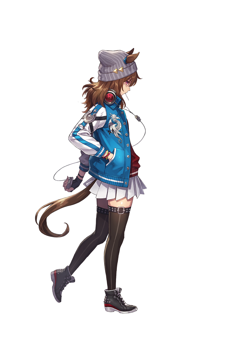 1girl animal_ears black_gloves blue_jacket bracelet brown_legwear digital_media_player fingerless_gloves full_body gloves grey_footwear grey_hat hair_between_eyes hand_in_pocket hat headphones headphones_around_neck highres horse_ears horse_tail jacket jewelry long_hair mouth_hold nakayama_festa official_art profile shoes skirt sneakers solo tail thigh-highs transparent_background umamusume violet_eyes white_skirt