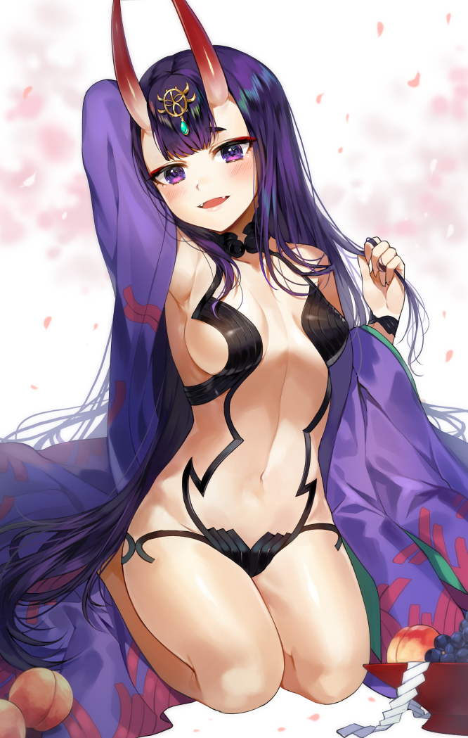1girl alternate_hair_length alternate_hairstyle arm_up blush breasts commentary_request cup eyeshadow fangs fate/grand_order fate_(series) gijang hair_ornament halterneck hand_in_hair japanese_clothes kimono long_hair makeup navel oni oni_horns open_clothes open_kimono open_mouth purple_hair purple_kimono revealing_clothes sakazuki seiza shiny shiny_skin shuten_douji_(fate/grand_order) sitting small_breasts solo thick_eyebrows violet_eyes