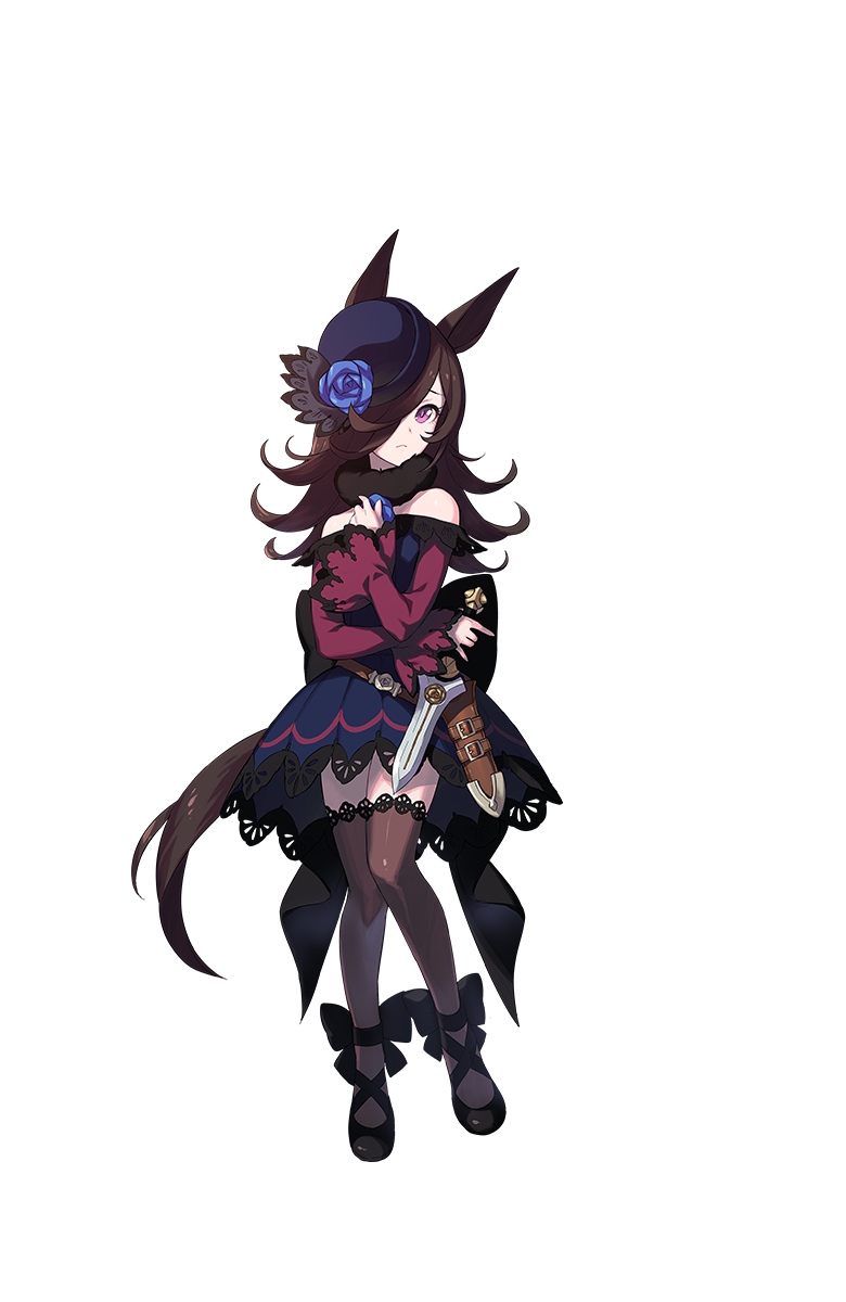 1girl animal_ears bare_shoulders black_hair black_legwear blue_flower blue_rose blue_skirt dagger feather-trimmed_sleeves flower frown full_body hair_over_one_eye hat hat_flower highres horse_ears horse_tail lace lace-trimmed_thighhighs long_hair looking_at_viewer official_art rice_shower rose sheath skirt solo tail thigh-highs transparent_background umamusume violet_eyes weapon