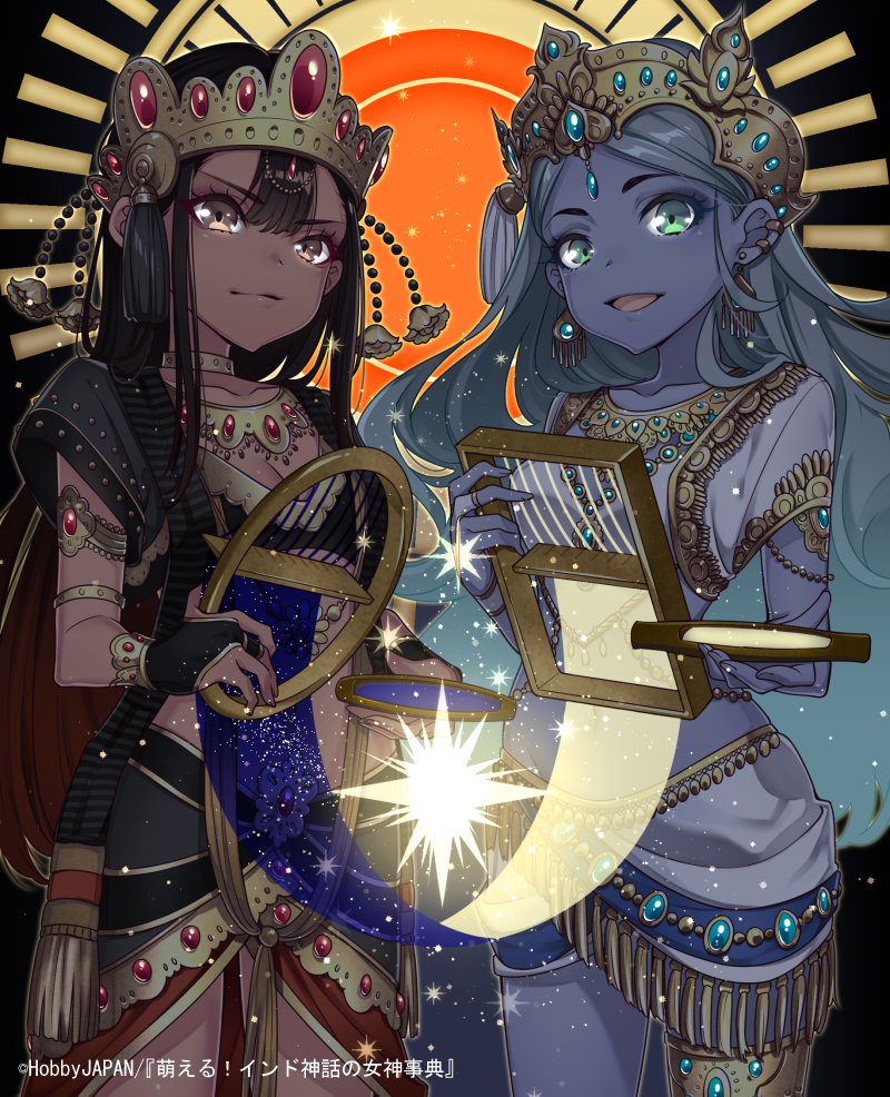 2girls :d black_gloves black_hair blue_skin bridal_gauntlets brown_eyes chains choker closed_mouth commentary_request crown dark_skin ear_piercing earrings eyebrows_visible_through_hair gloves gold_chain green_eyes grey_hair hair_between_eyes holding jewelry lantern legband long_hair looking_at_viewer multiple_girls necklace open_mouth original piercing smile standing star tassel westxost_(68monkey)