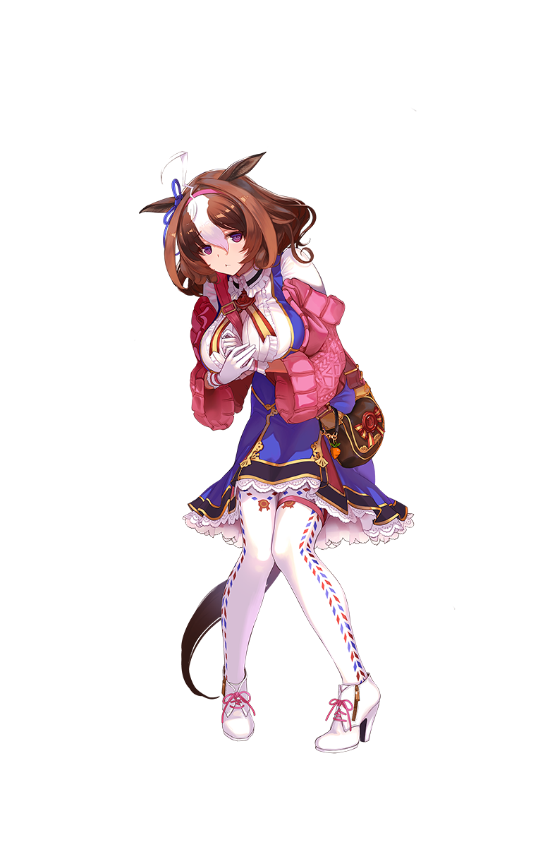1girl :&lt; animal_ears bag between_breasts boots breasts brown_hair full_body gloves hairband handbag high_heel_boots high_heels highres horse_ears horse_tail large_breasts leaning_forward looking_at_viewer meisho_doto official_art pink_hair pink_hairband short_hair solo strap_cleavage tail transparent_background umamusume violet_eyes white_gloves white_legwear