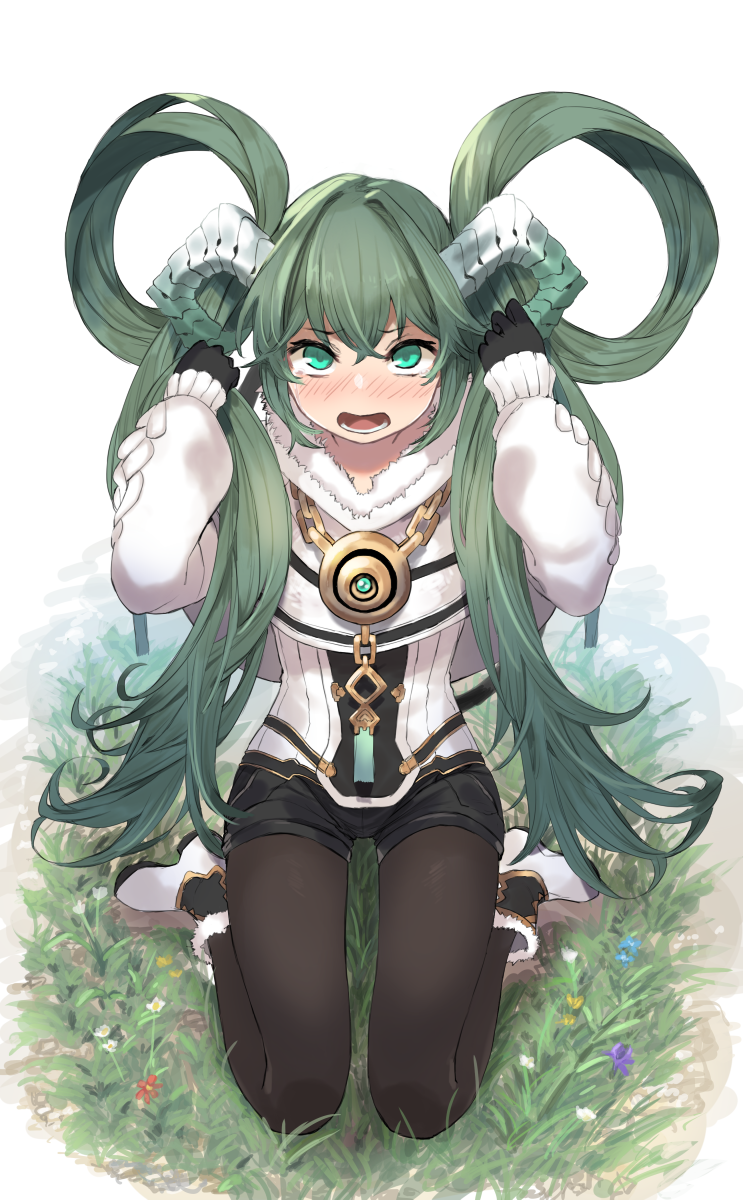 1girl ankle_boots arms_up black_shorts blush boots chains d: flower full_body fur-trimmed_boots fur_collar fur_trim ganesagi green_eyes green_hair hair_rings highres horns kneeling long_hair long_sleeves looking_at_viewer nose_blush on_grass on_ground open_mouth original pantyhose pantyhose_under_shorts puffy_long_sleeves puffy_sleeves short_shorts shorts simple_background single_hair_intake solo very_long_hair white_background white_capelet white_footwear