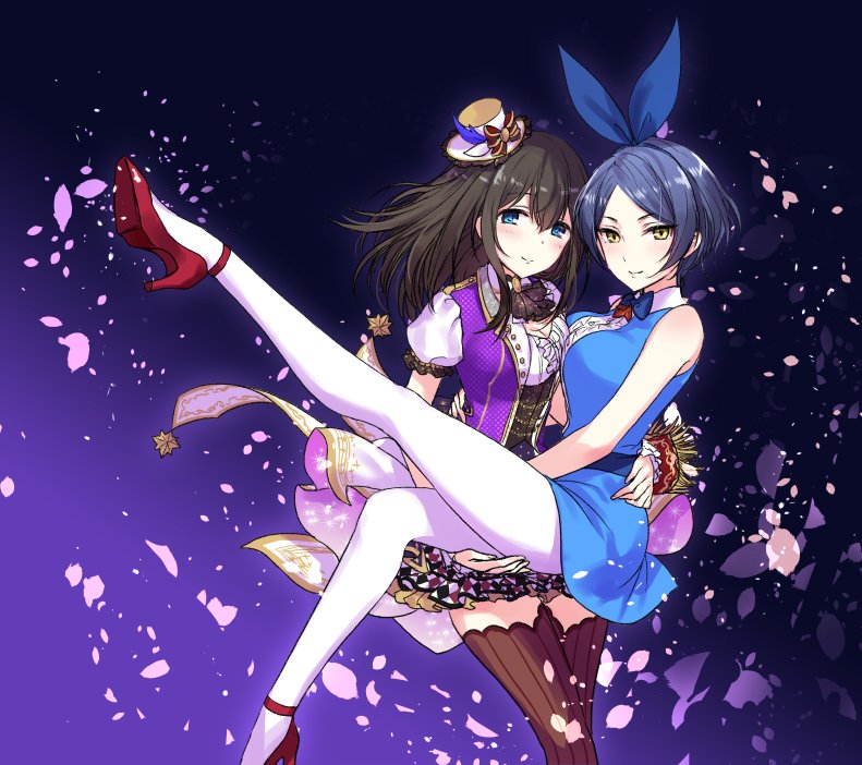 2girls akimeite_ding_dong_dang! animal_ears bangs bare_shoulders black_hair blue_eyes blue_hair bow bowtie carrying cherry_blossoms dress hat hayami_kanade high_heels idolmaster idolmaster_cinderella_girls idolmaster_cinderella_girls_starlight_stage long_hair mini_hat mini_top_hat multiple_girls parted_bangs princess_carry rabbit_ears romi_(346_ura) sagisawa_fumika short_hair showtime_illusion thigh-highs top_hat white_legwear wrist_cuffs yellow_eyes zettai_ryouiki