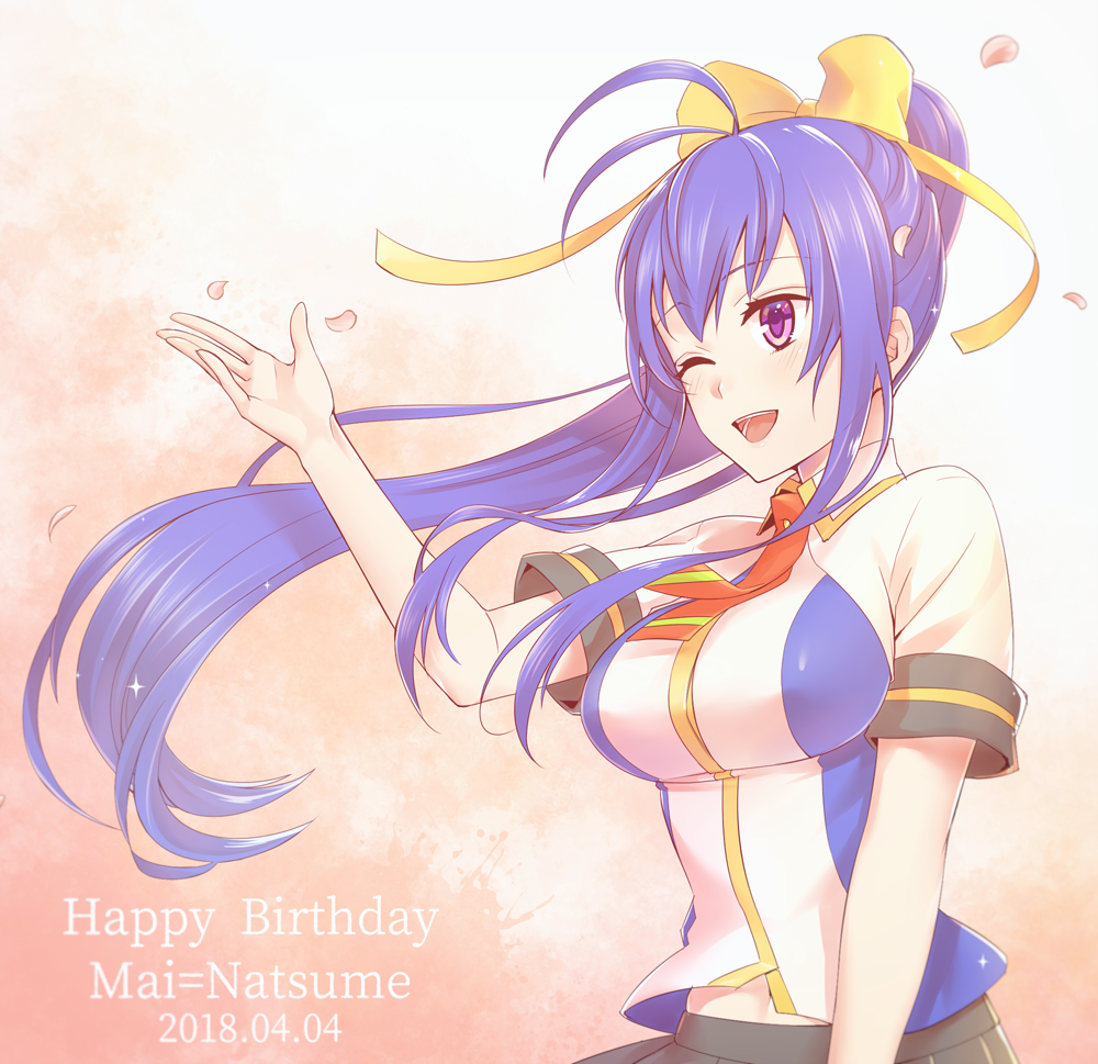 1girl ;d antenna_hair birthday blazblue blazblue_remix_heart blue_hair bow breasts character_name cherry_blossoms cowboy_shot dated english genderswap genderswap_(mtf) hair_bow hair_ribbon hand_up happy_birthday large_breasts long_hair looking_to_the_side mai_natsume midriff navel one_eye_closed open_mouth petals ponytail potato_(oriha94) ribbon school_uniform short_sleeves simple_background skirt smile solo violet_eyes wind yellow_bow