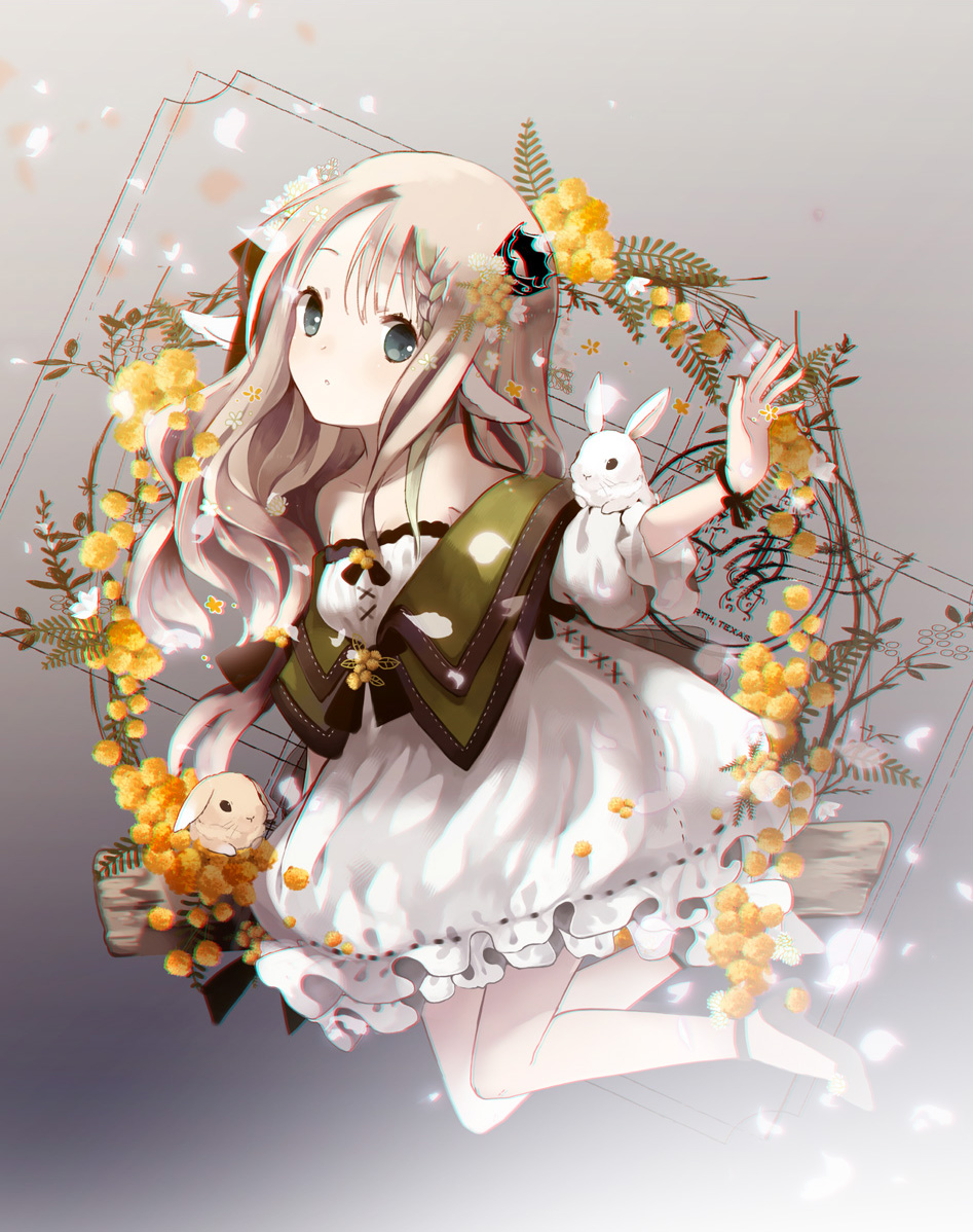 1girl animal animal_ears animal_on_arm bangs bare_shoulders blonde_hair braid breasts crown dress floral_background flower full_body grey_eyes hair_flower hair_ornament legs_up long_hair looking_at_viewer medium_breasts mimosa_(flower) mini_crown original rabbit rabbit_ears ribbon shoes solo tareme wrist_ribbon yuzuyomogi