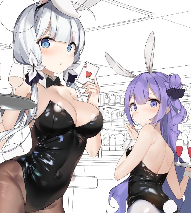 2girls azur_lane blue_eyes breasts bunnysuit card cleavage cup drinking_glass grey_hair illustrious_(azur_lane) large_breasts multiple_girls pantyhose playing_card purple_hair sabet_(young_ouo) tray unicorn_(azur_lane) violet_eyes wine_glass