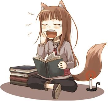 1girl animal_ears ayakura_juu black_pants book brown_footwear brown_hair candle closed_eyes covering_mouth eyebrows_visible_through_hair fang full_body grey_shirt hand_over_own_mouth holding holding_book holo long_hair lowres novel_illustration official_art open_book open_mouth pants shadow shirt shoes simple_background sitting solo spice_and_wolf tail very_long_hair white_background wolf_ears wolf_tail yawning
