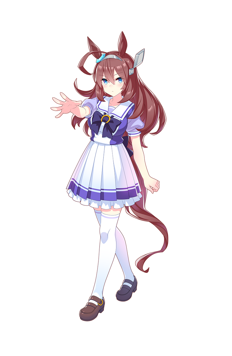 1girl ahoge animal_ears blue_eyes brown_hair full_body hair_between_eyes highres horse_ears horse_tail long_hair looking_at_viewer mihono_bourbon official_art solo tail transparent_background umamusume