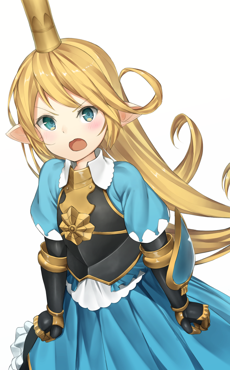 1girl angry blonde_hair blue_eyes blush charlotta_(granblue_fantasy) commentary_request crown gauntlets granblue_fantasy harvin highres hiraba_6018 juliet_sleeves long_hair long_sleeves looking_at_viewer open_mouth pointy_ears puffy_sleeves simple_background solo white_background