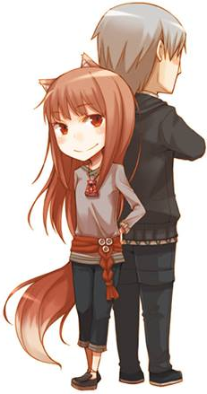 1boy 1girl animal_ears ayakura_juu back-to-back black_footwear black_pants blush brown_hair craft_lawrence crossed_arms eyebrows_visible_through_hair full_body grey_shirt hand_on_hip holo long_hair looking_at_viewer lowres novel_illustration official_art pants pouch red_eyes shirt shoes silver_hair simple_background smile spice_and_wolf standing tail white_background wolf_ears wolf_tail