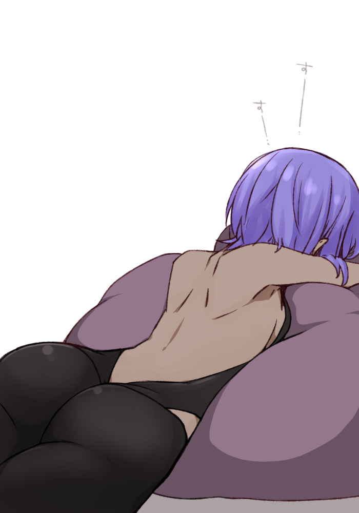 1girl armpits ass back backless_outfit bare_back bare_shoulders breast_press breasts cushion fate_(series) from_behind hassan_of_serenity_(fate) i.u.y profile purple_hair revealing_clothes short_hair shoulder_blades sideboob simple_background skin_tight small_breasts solo translation_request white_background