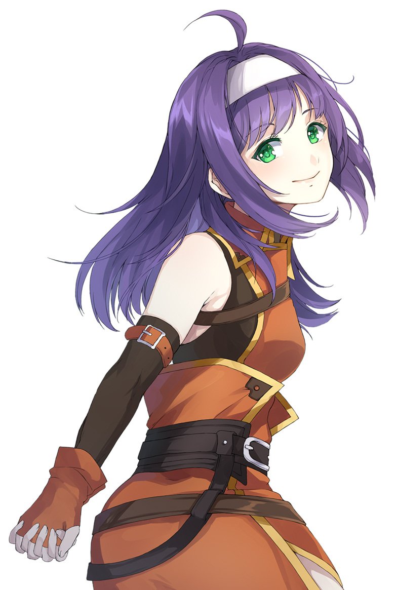 1girl ahoge bare_shoulders blue_hair fingerless_gloves fire_emblem fire_emblem:_souen_no_kiseki gloves green_eyes hairband headband jurge long_hair looking_at_viewer purple_hair smile solo sword thigh-highs wayu_(fire_emblem) weapon