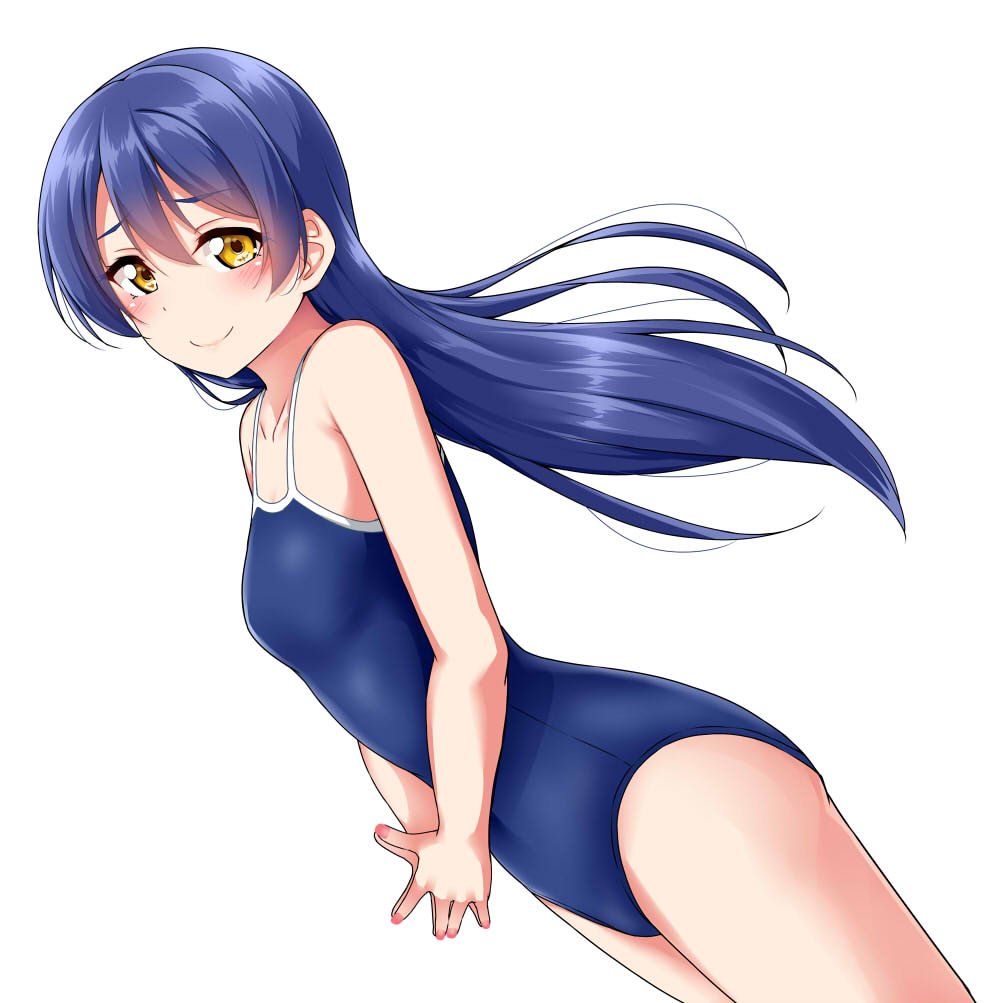 1girl bangs blue_hair blue_swimsuit blush commentary_request cowboy_shot eyebrows_visible_through_hair from_side hair_between_eyes long_hair looking_at_viewer love_live! love_live!_school_idol_project one-piece_swimsuit school_swimsuit simple_background smile solo sonoda_umi steepled_fingers swimsuit white_background yellow_eyes yopparai_oni