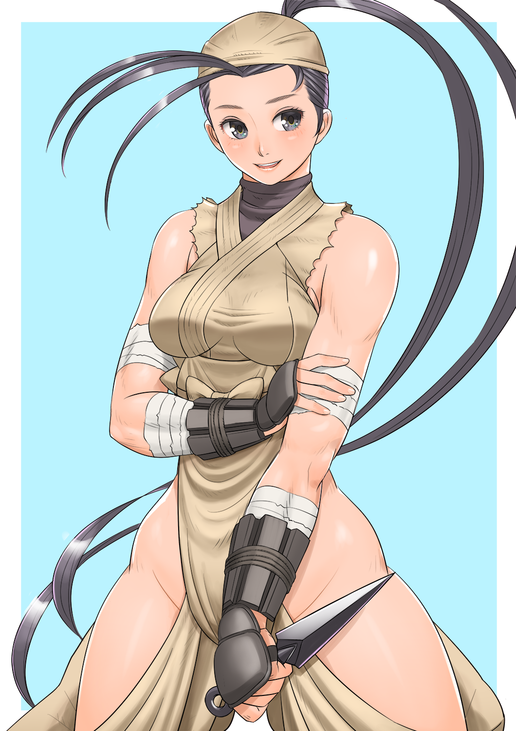 1girl antenna_hair bandanna black_hair bracer breasts grey_eyes hair_pulled_back high_ponytail highres hip_vent ibuki_(street_fighter) kunai long_hair medium_breasts ninja reverse_grip shigenobu smile solo street_fighter street_fighter_iii_(series) very_long_hair weapon