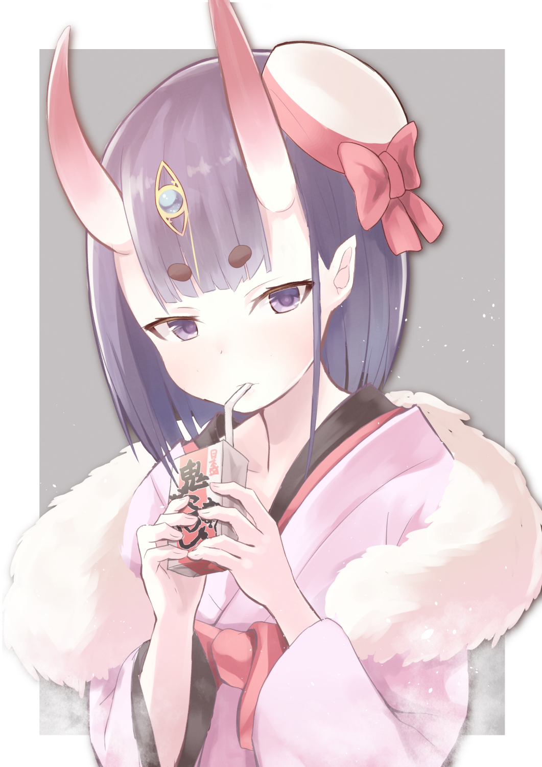 1girl blush bow drinking_straw eyebrows_visible_through_hair fate/grand_order fate_(series) fur gem grey_background hamalu hat hat_bow highres holding japanese_clothes kimono light_particles long_sleeves looking_at_viewer mini_hat oni_horns outside_border pink_kimono pointy_ears purple_hair red_bow shawl short_hair shuten_douji_(fate/grand_order) simple_background solo thick_eyebrows tsurime two-handed upper_body violet_eyes white_border white_hat wide_sleeves